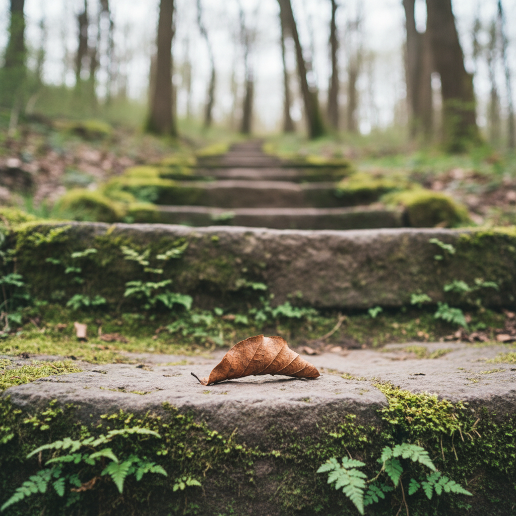 A sturdy, moss-flecked stone step on a forest trail, captured in close-up photographic realism, with small ferns and delicate wild plants growing from tiny cracks. The step leads upward into a softly blurred background of ascending path, tall tree trunks, and filtered forest light. A single dry, curled leaf rests on the stone, its veins intricately detailed. Soft overcast daylight creates even, diffused illumination, emphasizing textures in the rock and foliage without harsh shadows. Shot at eye level with a shallow depth of field, the composition suggests the idea of taking one deliberate step at a time toward healing, growth, and self-acceptance, with a quiet, sophisticated mood.
