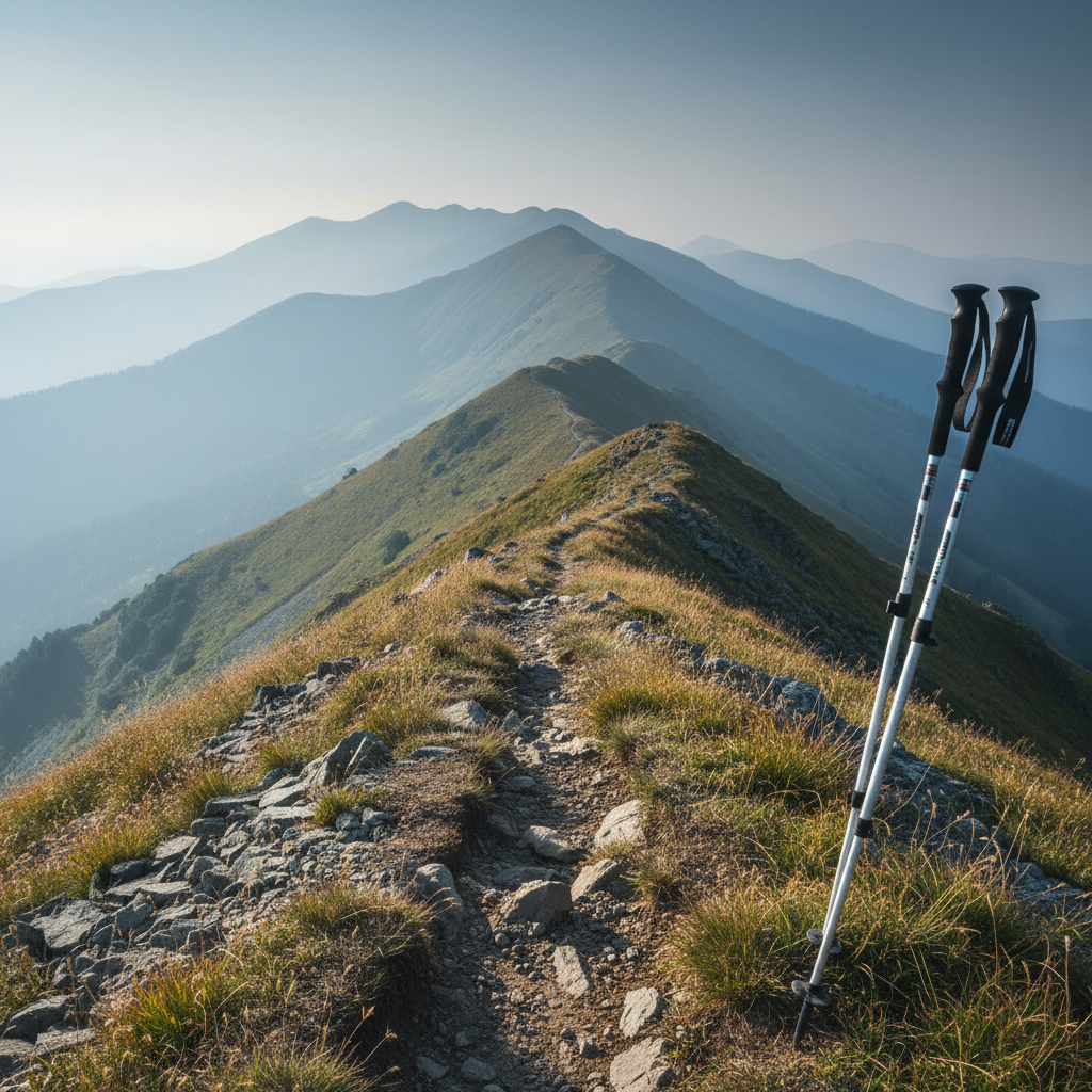 A narrow dirt trail winding upward along a mountain ridge, captured from a low angle that follows the path into layers of misty, overlapping peaks. On the right edge of the frame, a solitary, unoccupied pair of trekking poles is planted upright in the rocky ground, their rubber grips slightly worn. The sky is softened by early morning haze, with cool, diffused light illuminating tufts of wild grass and small stones, casting minimal shadows. Photographic realism with a wide-angle lens creates depth and a sense of scale, emphasizing solitude, perseverance, and the quiet, determined climb toward healing and self-discovery in the second half of life.