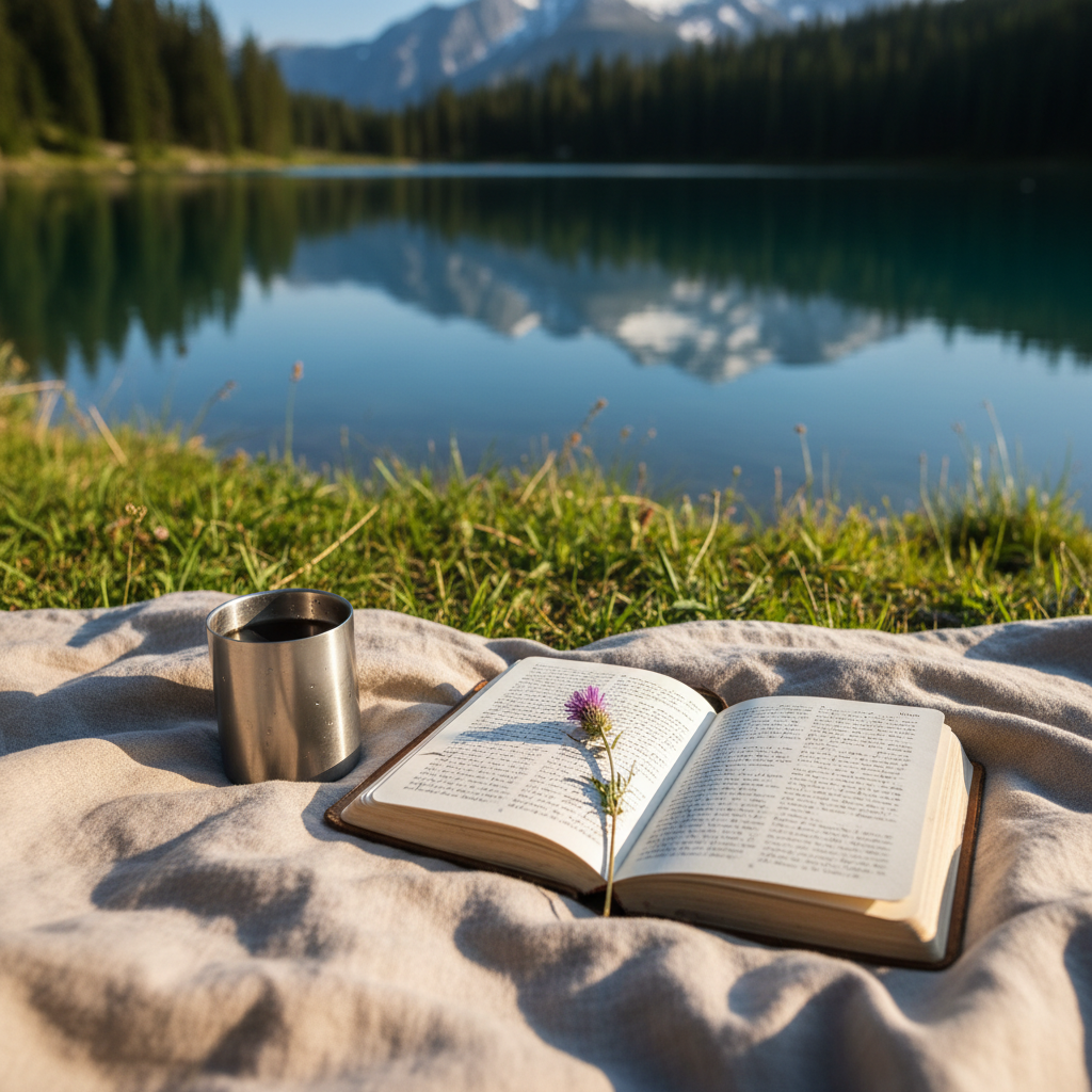 An open journal lying on a natural linen blanket spread atop a sunlit patch of grass beside a tranquil alpine lake. The journal pages are filled with tiny, blurred handwriting and a few underlined passages, and a slender dried wildflower is tucked between the pages as an improvised bookmark. Nearby, a stainless-steel insulated mug with faint condensation on its surface sits half-full, catching warm light. Snow-dusted peaks and evergreen forests reflect softly in the still water beyond, rendered in gentle bokeh. Captured in photographic realism from an overhead angle, with warm late-afternoon light creating a serene, contemplative mood that suggests reflection on healing, life pivots, and quiet self-compassion during a solo hiking retreat.