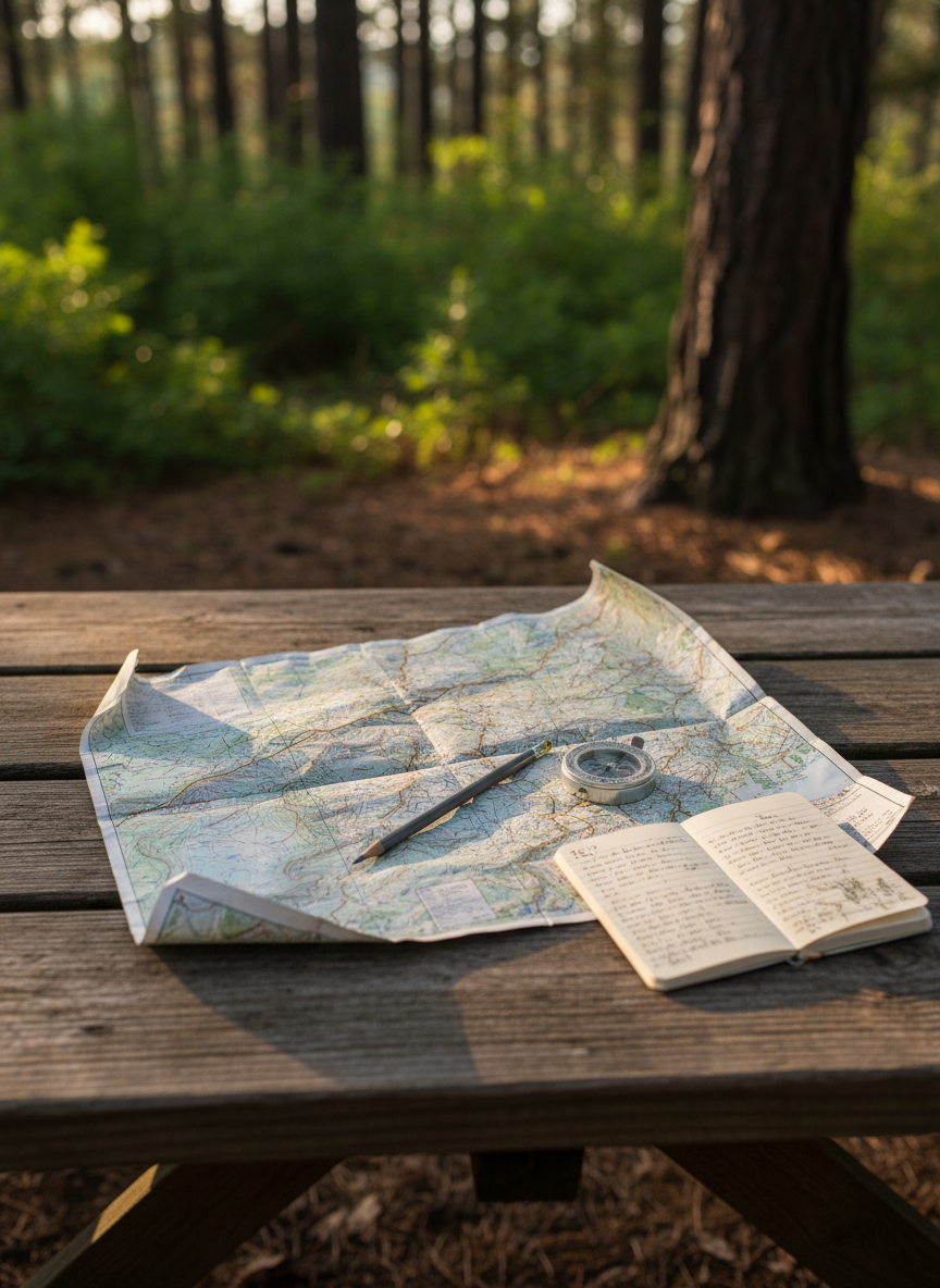 A well-worn topographic trail map spread across a weathered wooden picnic table at the edge of a quiet forest clearing, corners gently curling upward. A sturdy graphite hiking pencil rests diagonally across the map, beside a compact silver compass and a small, open notebook filled with tiny, indistinct handwriting. Soft late-afternoon light filters through tall pines, casting dappled patterns over the paper and creating gentle, elongated shadows. The background falls into a soft blur of green undergrowth and tree trunks. Photographic realism, shot from a slightly elevated angle with shallow depth of field, creates an intimate, contemplative mood that suggests planning, reflection, and preparation for both an inner and outer journey.