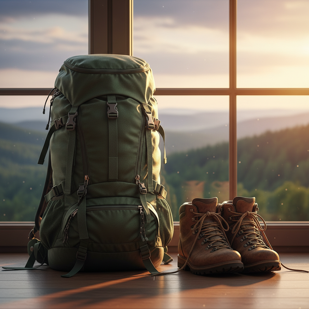 A single, neatly packed dark forest-green hiking backpack standing upright on a smooth wooden floor beside a large window, zippers closed but slightly strained with gear inside. Next to it, a pair of scuffed but well-cared-for leather hiking boots rest side by side, laces loosely coiled. Through the window, an out-of-focus landscape of distant hills and soft sky suggests possibility. Golden hour sunlight pours in, creating warm highlights on the backpack’s textured fabric and subtle reflections on metal buckles. The composition uses rule of thirds, with sharp focus on the gear and a gentle bokeh outside, conveying a sophisticated, calm sense of readiness, resilience, and solo exploration in photographic realism.